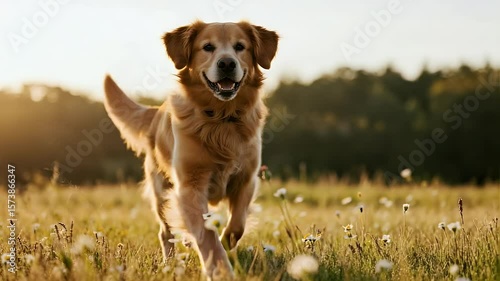 Golden Retriever Running Joyfully in Sunny Meadow