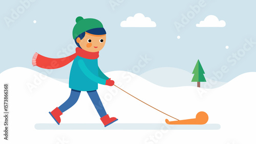 Winter Fun Boy Pulling Sled Through Snowy Landscape