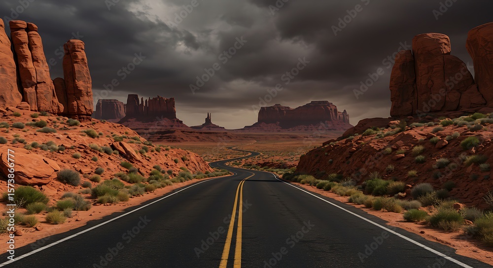 Fototapeta premium Winding desert highway through monument valley under dramatic stormy skies