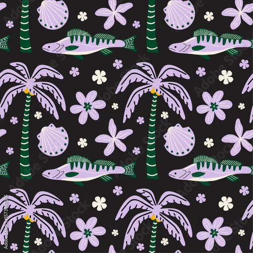 Tropical aesthetic, summer vacation vibes, holiday themed seamless vector pattern with cute groovy funky cartoon illustration of sea beach objects, palm tree, exotic flowers, shells, fish	