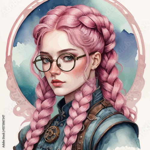 Beautiful Elf with freckles and glasses and long pink hair braided