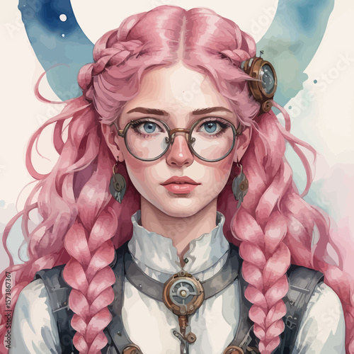 Beautiful Elf with freckles and glasses and long pink hair braided