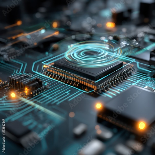 Circuitry and communication systems in a digital background, symbolizing modern technological advances.