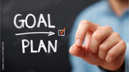 Goal and Plan: A focused individual's hand indicates a checklist next to 