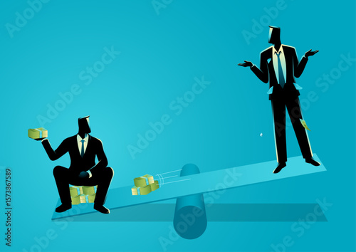 Zero-sum game concept in business or economics. Two businessmen sit on opposite ends of a seesaw, one holding money that tilts the balance in his favor, while the other loses money and looks confused.