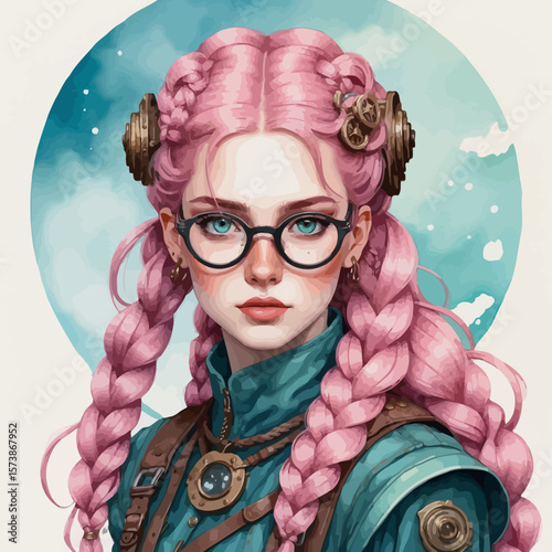 Beautiful Elf with freckles and glasses and long pink hair braided