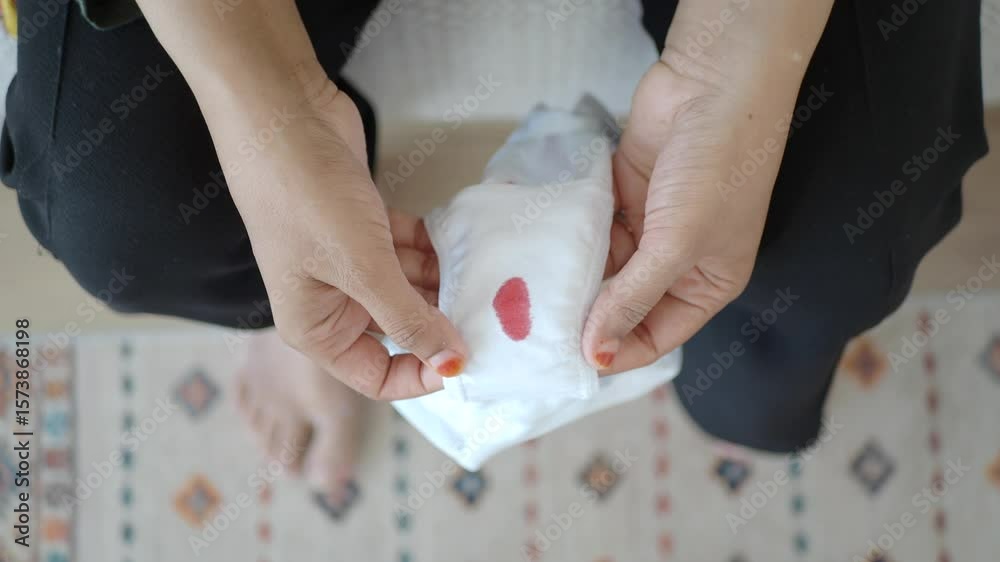 woman holding sanitary napkin with blood spot