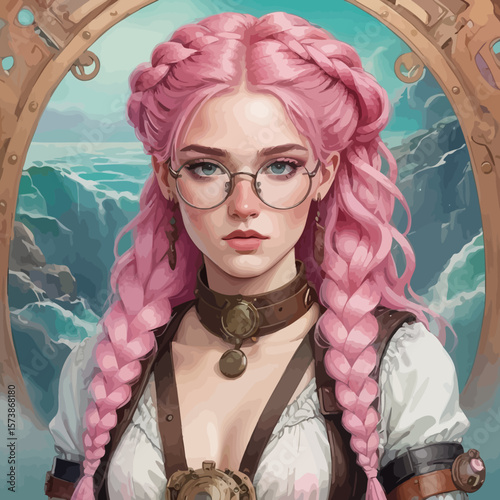 Beautiful Elf with freckles and glasses and long pink hair braided
