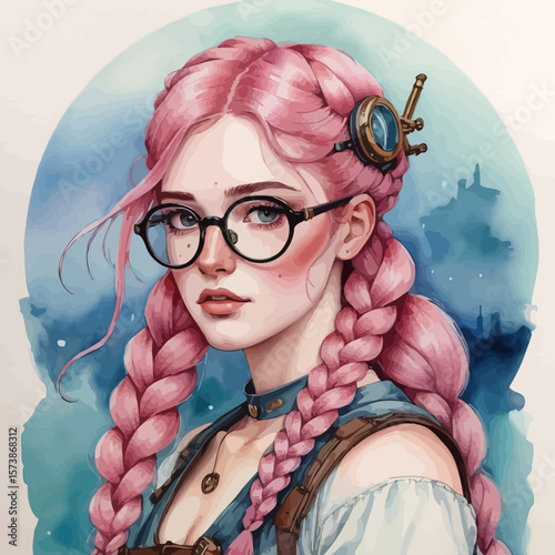 Beautiful Elf with freckles and glasses and long pink hair braided