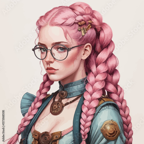 Beautiful Elf with freckles and glasses and long pink hair braided
