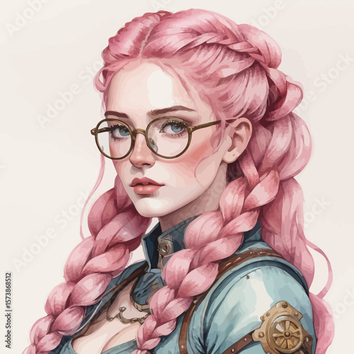 Beautiful Elf with freckles and glasses and long pink hair braided
