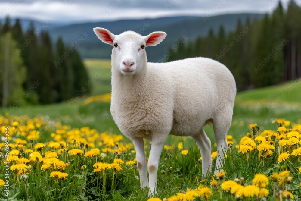 Fototapeta premium White sheep standing in a field of dandelions in a mountain valley