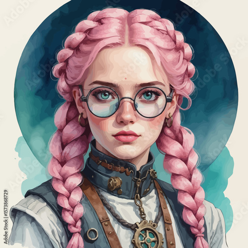 Beautiful Elf with freckles and glasses and long pink hair braided