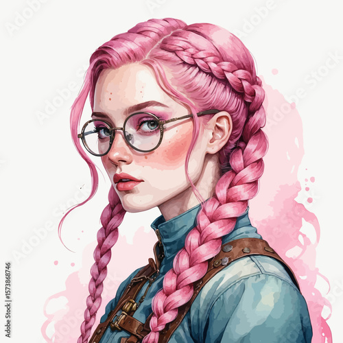 Beautiful Elf with freckles and glasses and long pink hair braided