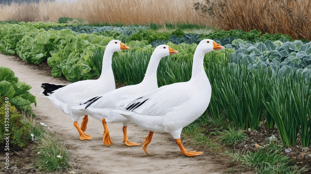 Obraz premium Three white geese walking on a path near a vegetable garden