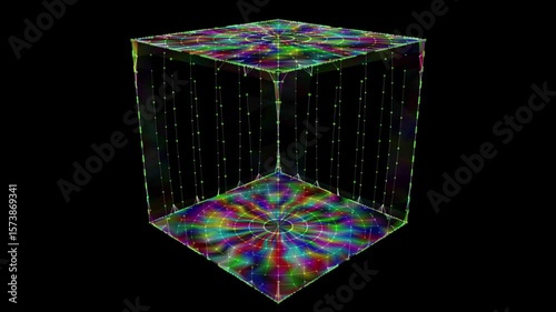Abstract big data 3D digital cube algorithmic with radial net inside. Quantum computing concept on dark background. Blockchain grid box сoncept. Artificial intelligence design.