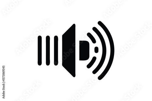 Modern minimalist black speaker icon emitting sound waves;  clean, professional graphic design;  perfect for websites, apps, and presentations;  high-resolution vector illustration;  technology, audio