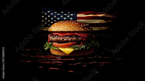 Juicy Hamburger with Sesame Seed Bun on American Flag Background