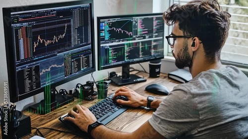 Person working at a computer with multiple monitors displaying financial data