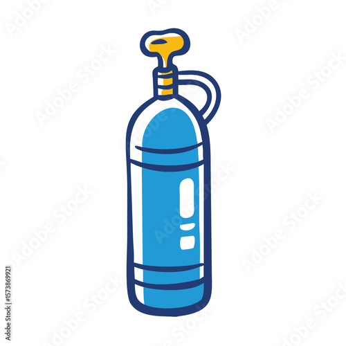 A blue oxygen tank stands upright, isolated on white background