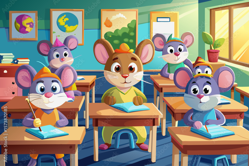 Fototapeta premium vector of The school of mice who regularly sit behind the school bench in class.