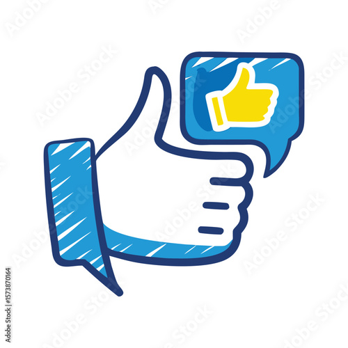 A thumbs up icon with a speech bubble isolated on white background