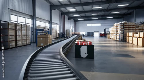 Interior of a large warehouse with a conveyor belt