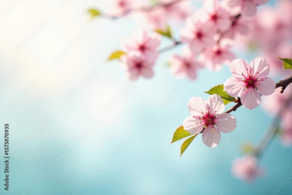 Obraz premium Delicate Pink Blossoms on a Branch Against a Soft Blue Sky Background