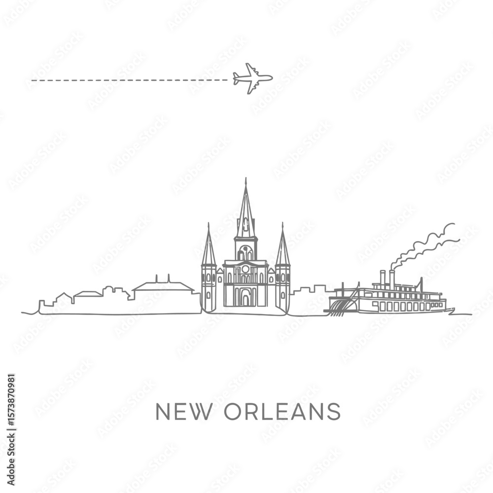 Fototapeta premium New Orleans skyline with Louisiana, and USA Line art.