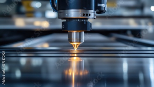 Close-up of a high-precision laser cutting machine engraving a reflective metal sheet in a modern industrial setting.