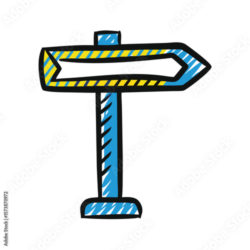 A blue and yellow signpost points the way, isolated on white background