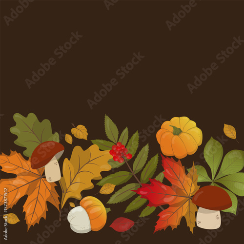 Autumn Harvest with Leaves and Mushrooms Vector Illustration