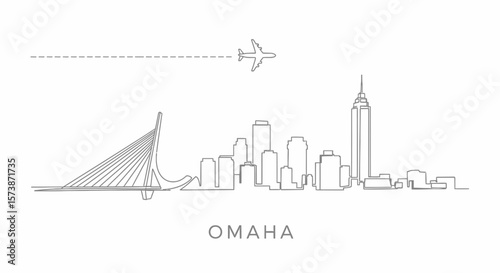 Omaha Skyline with Plane, Nebraska, Minimalist, and Travel.