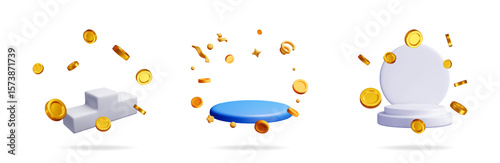 Stage podium concept with flying golden coins and confetti. Product presentation display for winner celebration or jackpot promotion.