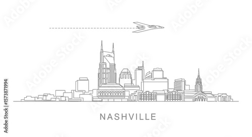 Nashville skyline with line art, plane, and city vector.