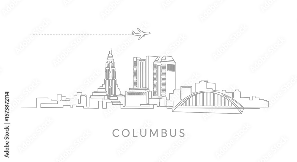 Naklejka premium Columbus Skyline Line Art with Ohio, Cityscape, and Airplane.