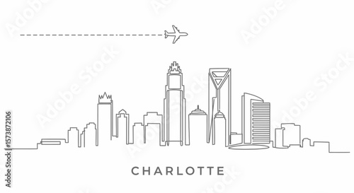 Charlotte NC Skyline with Plane, Minimalist, and Line Art.