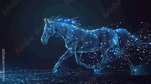 a horse made of a network of data points running in a digital field