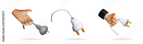 3d cartoon hands holding electric plugs and unconnected plug elements illustration. Electrical power and connection concept.