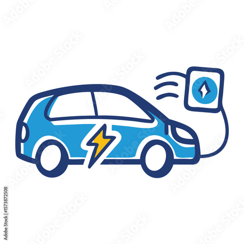 A blue electric car is charging at a station, isolated on white background