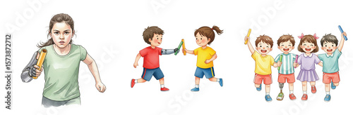 Dynamic Watercolor Illustration of Inclusive Children in a Relay Race, Featuring Kids with Prosthetic Arms and Legs, Showcasing Adaptive Sports and Teamwork in Athletics