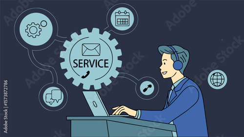 AI Customer Service Support System Concept – Businessman Presenting Global 24/7 Chatbot, Email, Phone and Voice Assistant Technology (AI Generated)
