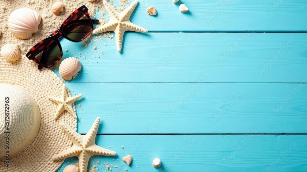Naklejka premium Summer Vacation Seascape Sun Hat, Sunglasses, Starfish and Seashells on Aqua Wooden Background