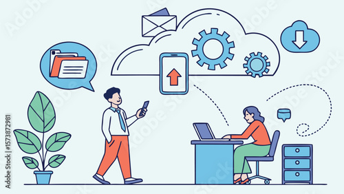 Cloud Computing Server and Storage Service – Business Flat Vector with Administrator and Developer Team Managing Cloud Connection