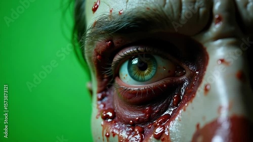 An unsettling close-up reveals the bloodshot eye of a decaying zombie man, creating an eerie and intense stare against a green screen in high-definition footage. photo