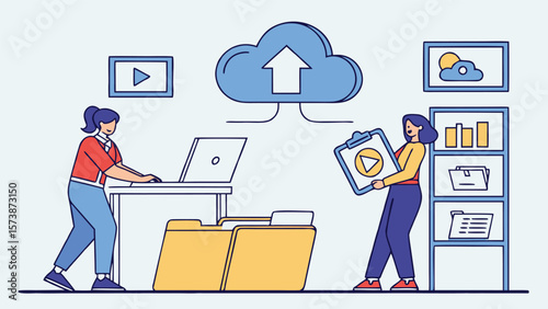 Cloud File Upload and Backup Concept – Business Flat Vector with Team Using Computer Monitor for Secure Cloud Storage (AI Generated)