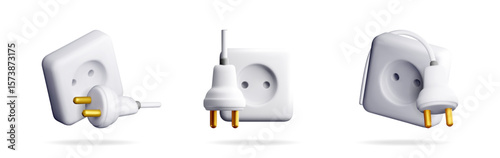 Set three of 3d white electrical outlet with plug for an electrical connection. Energy resource electric power technology.