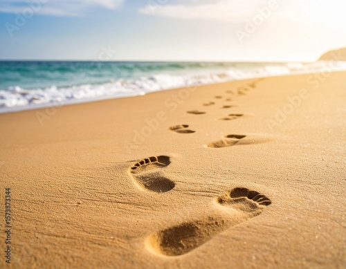 Close-up of footprints in the sand leading towards the ocean, with a blurred horizon in the background. Symbolic image for journeys, mindfulness, or storytelling visuals.