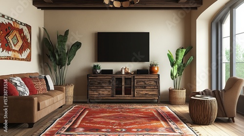 Rustic living room with wooden furniture, large screen TV, patterned rug, and potted plants