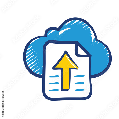A blue cloud with a file and yellow arrow isolated on white background